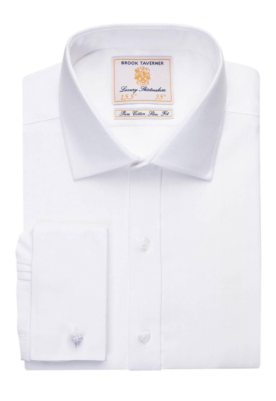 Prato Slim Fit Shirt Cotton Herringbone White H/B